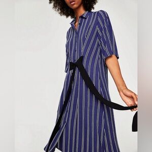 Zara Basics hi low Cotton Dress front faux belt cut out sleeves size Medium